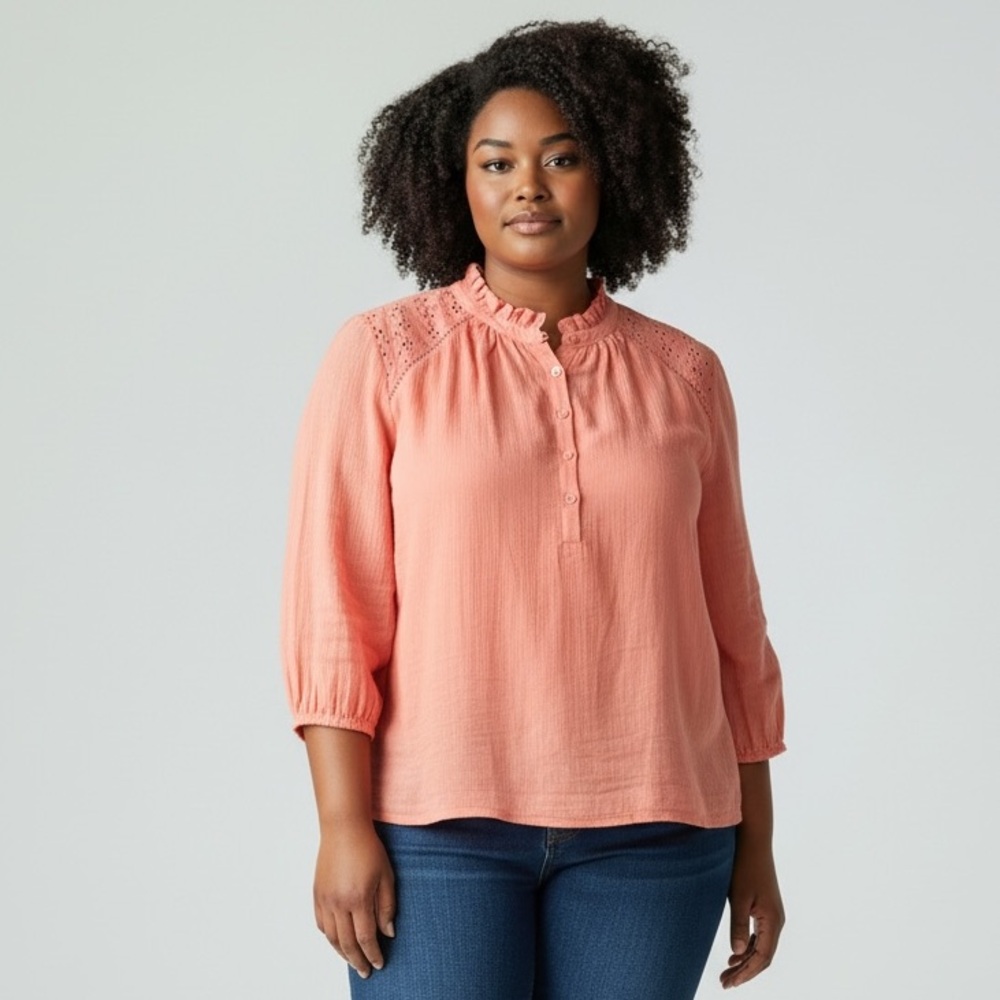 Crown & Ivy Women's Coral Eyelet Ruffle Neck Blouse Top Petite Size XL